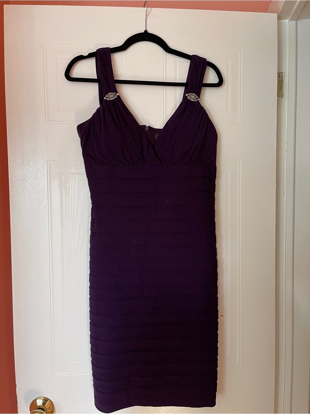 Jessica Deep Purple Midi Dress with Jeweled Strap Accents